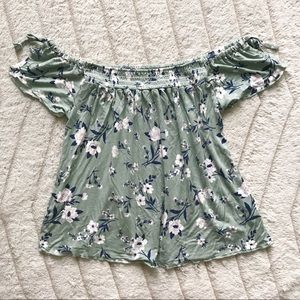 American Eagle Off the Shoulder Green Floral Top
